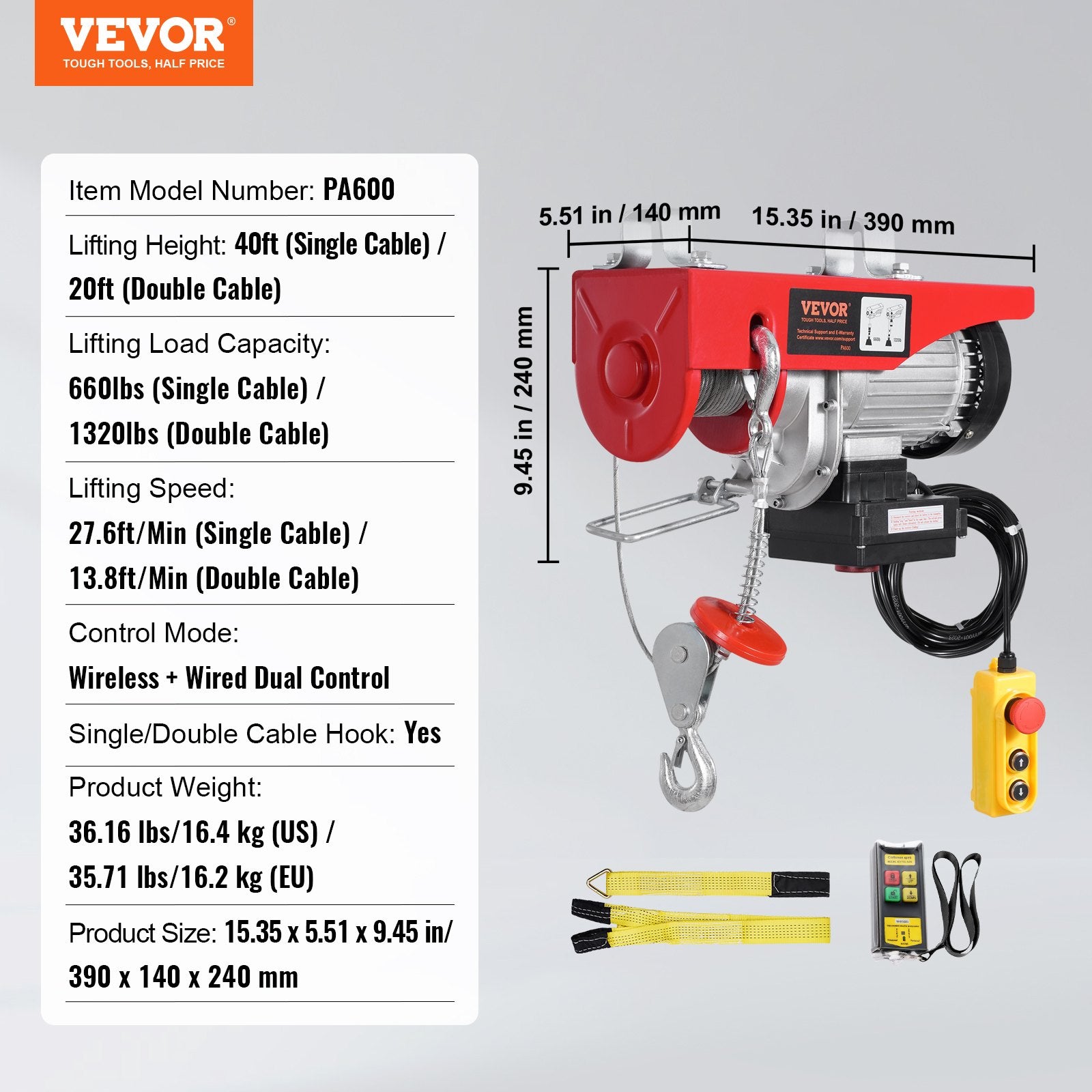 VEVOR electric hoist, winch 600 kg, 100 m wireless remote control and 4.3 m wired remote control