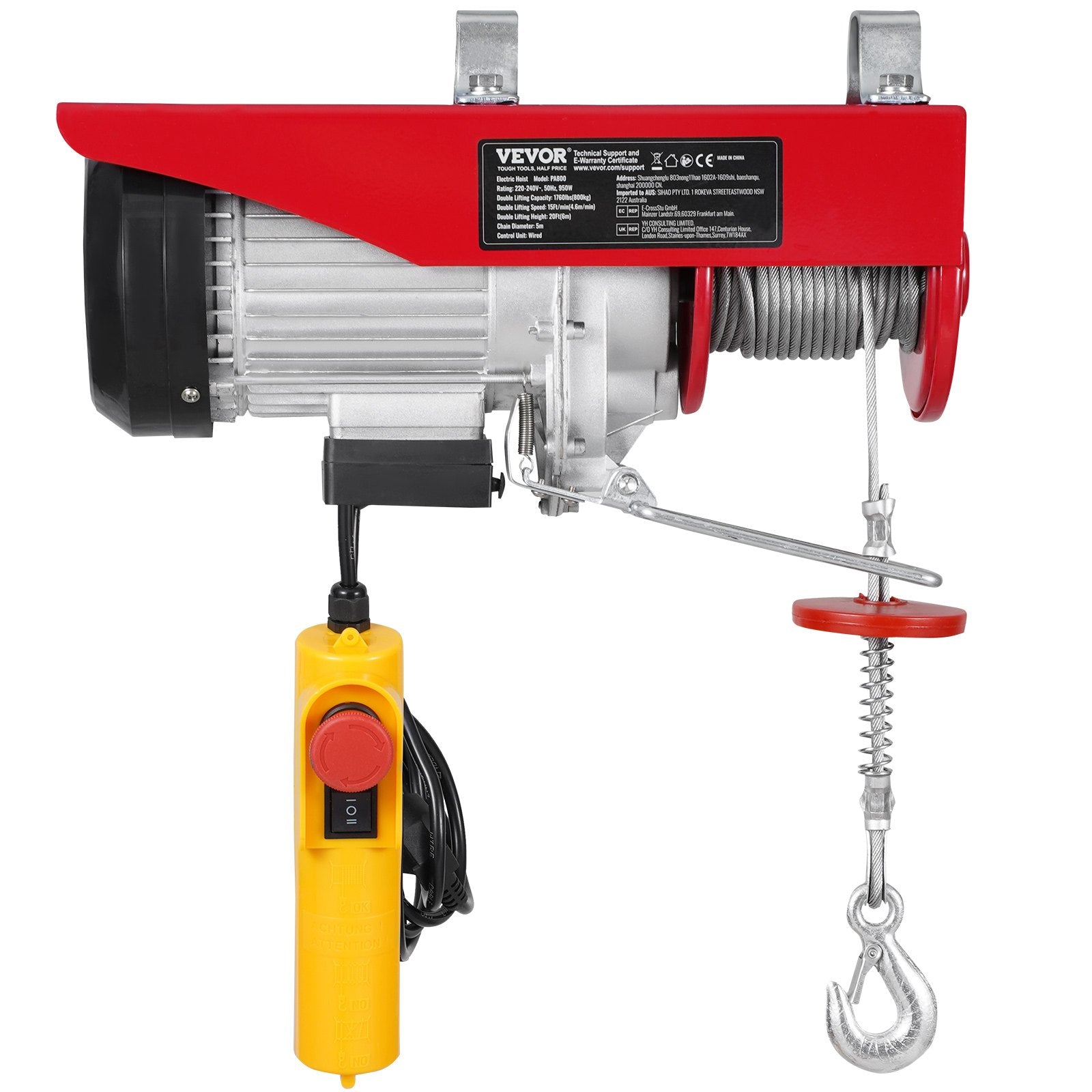 VEVOR electric hoist, winch 800 kg with 4.3 m cable remote control, 230 V
