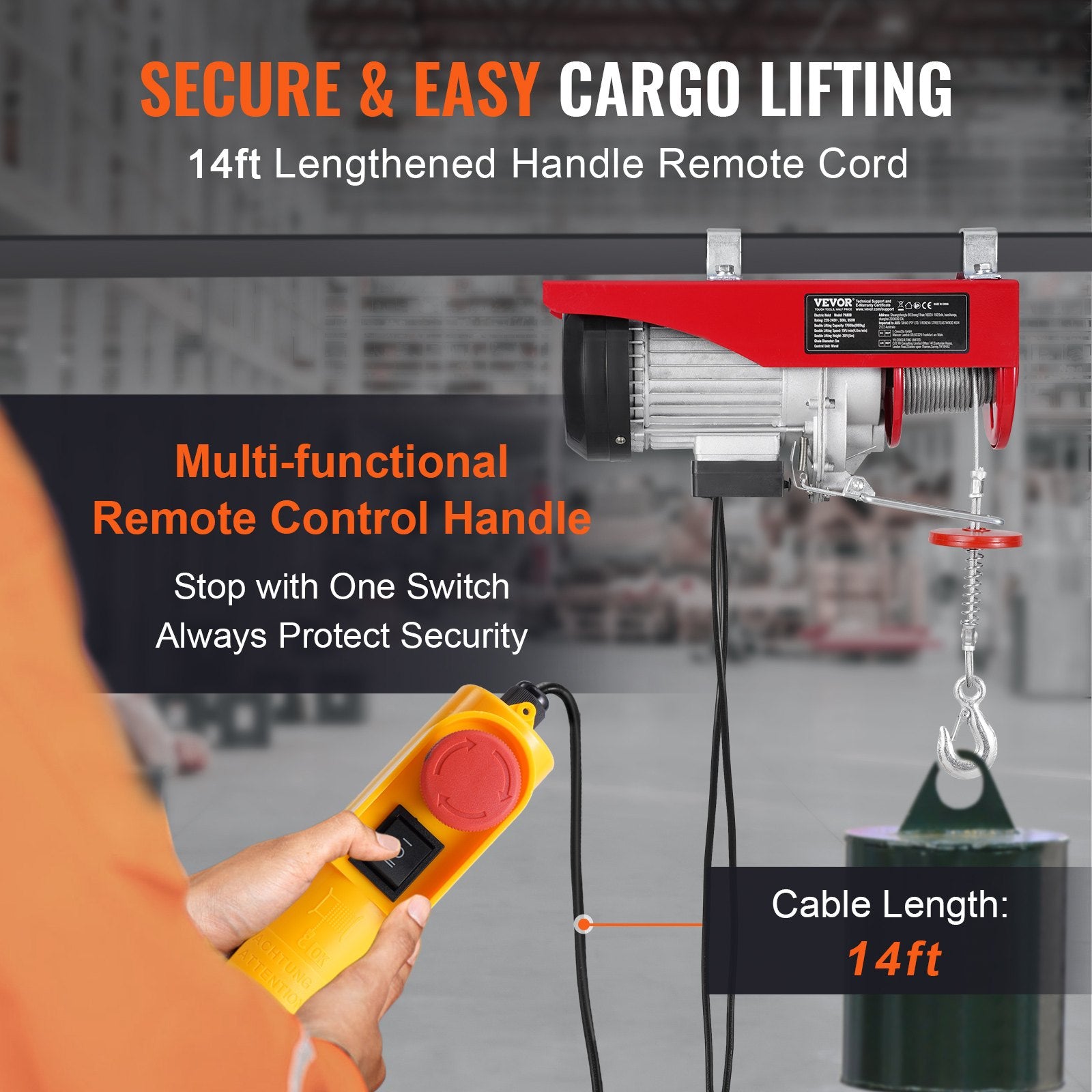 VEVOR electric hoist, winch 800 kg with 4.3 m cable remote control, 230 V