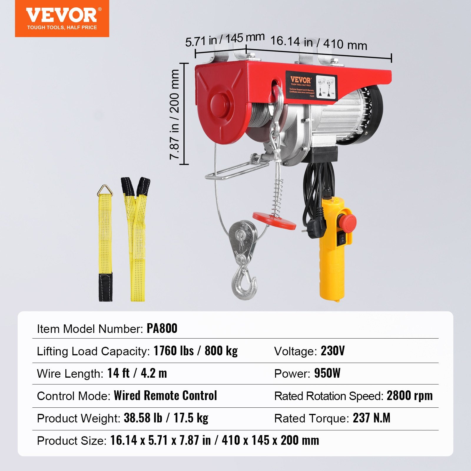 VEVOR electric hoist, winch 800 kg with 4.3 m cable remote control, 230 V