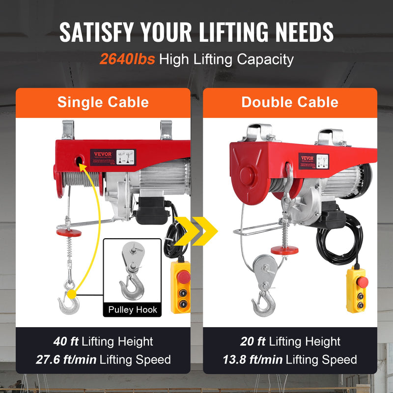 VEVOR elektriskā pacēlāja vinča 1200 kg ar 4,3 m vadu tālvadības pulti, 230V