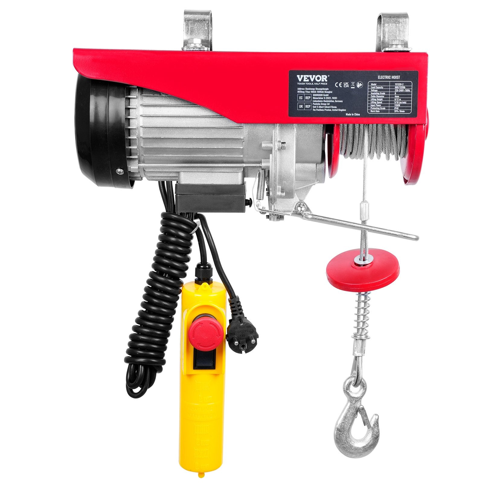 VEVOR electric hoist, 600 kg lifting capacity, 1150 W, 220 V steel wire rope winch with 4.3 m remote control, 12 m lifting height (single rope), pure copper motor, for garage, warehouse, factory