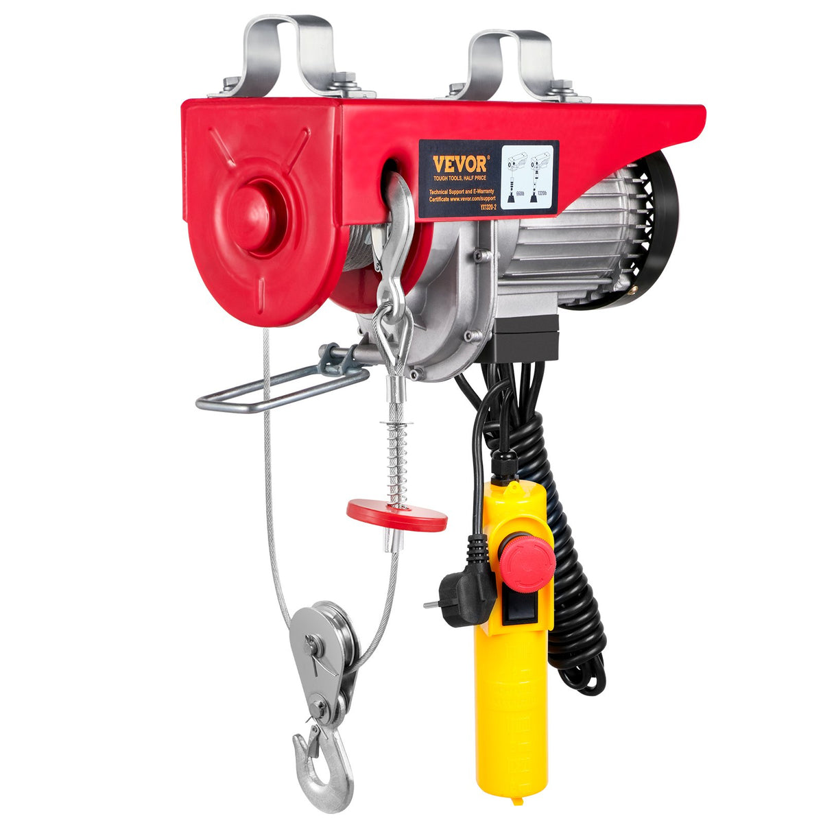 VEVOR electric hoist, 600 kg lifting capacity, 1150 W, 220 V steel wire rope winch with 4.3 m remote control, 12 m lifting height (single rope), pure copper motor, for garage, warehouse, factory