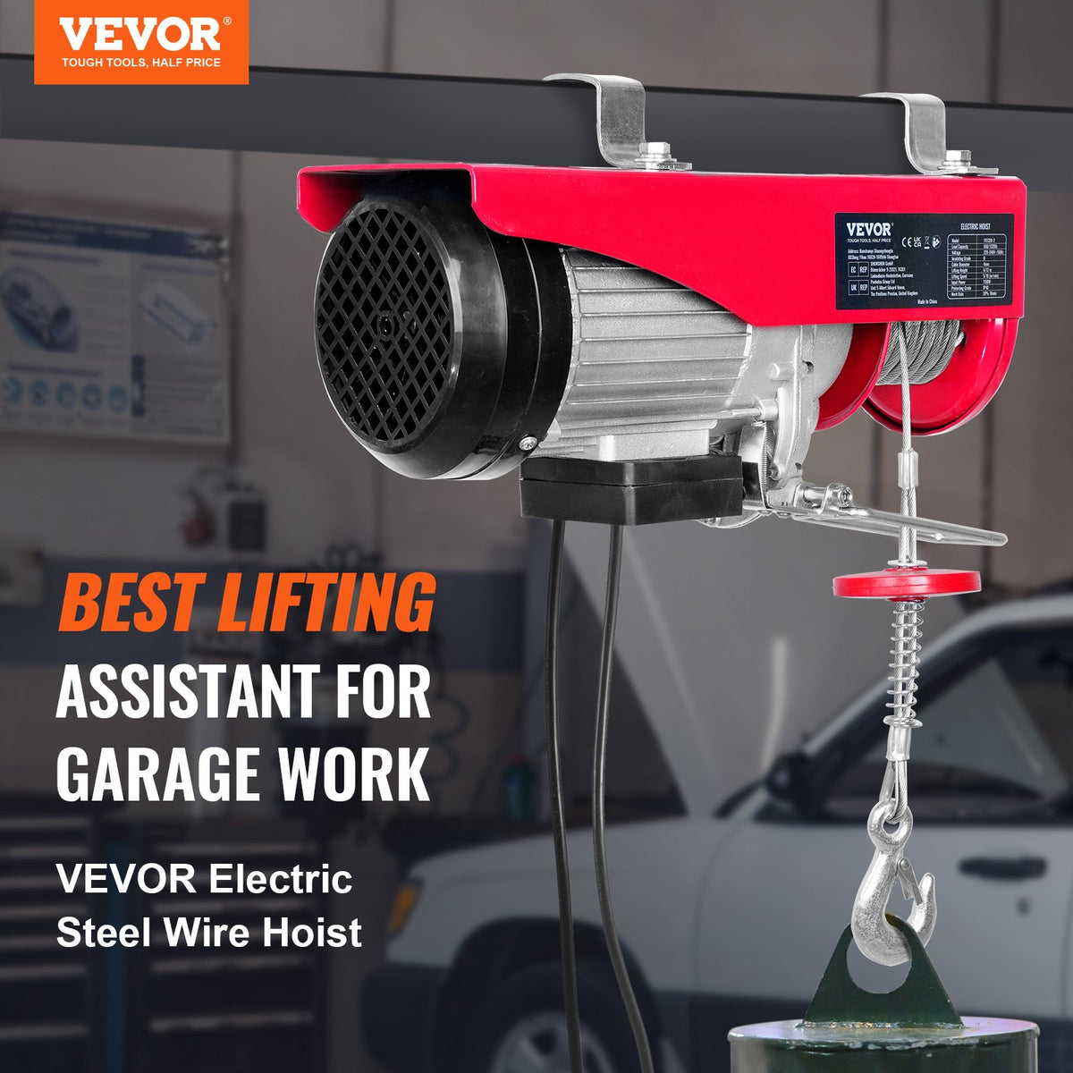 VEVOR electric hoist, 600 kg lifting capacity, 1150 W, 220 V steel wire rope winch with 4.3 m remote control, 12 m lifting height (single rope), pure copper motor, for garage, warehouse, factory