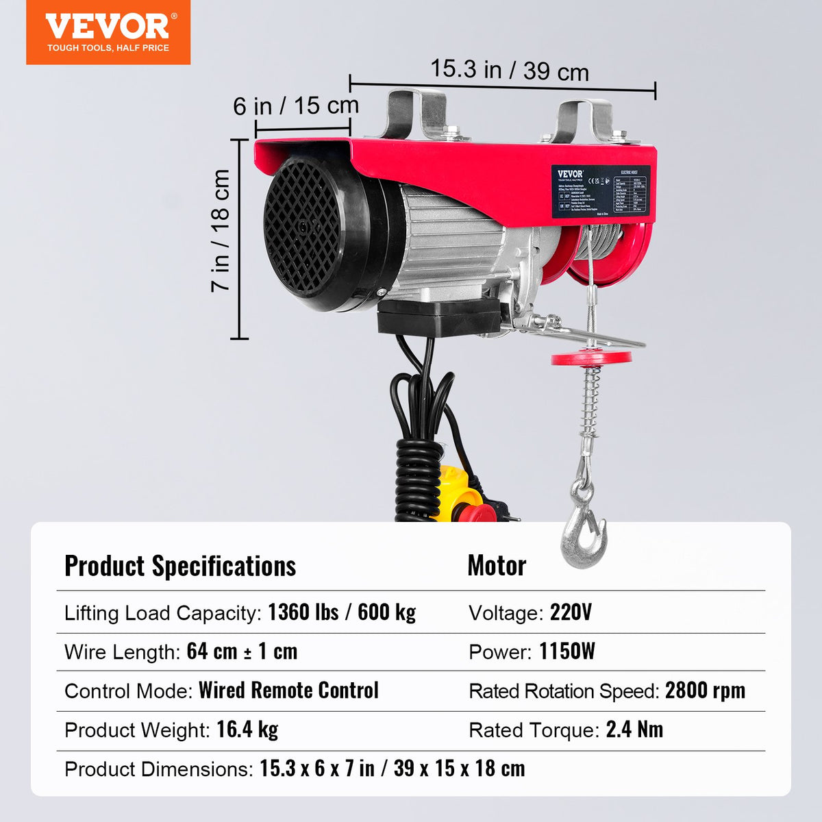 VEVOR electric hoist, 600 kg lifting capacity, 1150 W, 220 V steel wire rope winch with 4.3 m remote control, 12 m lifting height (single rope), pure copper motor, for garage, warehouse, factory