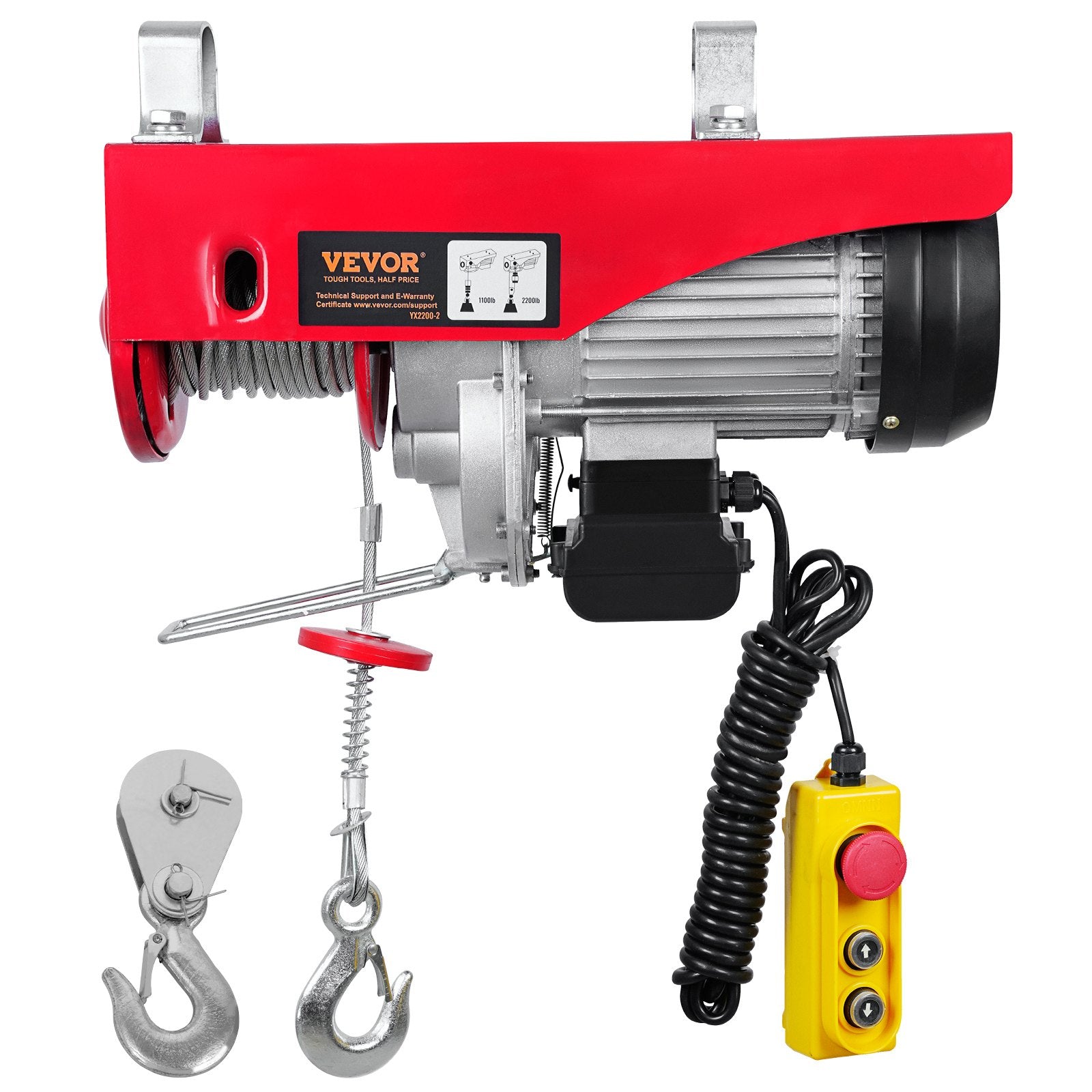 VEVOR electric hoist, 1000 kg lifting capacity, 1600 W, 220 V steel wire rope winch with 4.3 m remote control, 12 m lifting height (single rope), pure copper motor, for garage, warehouse, factory