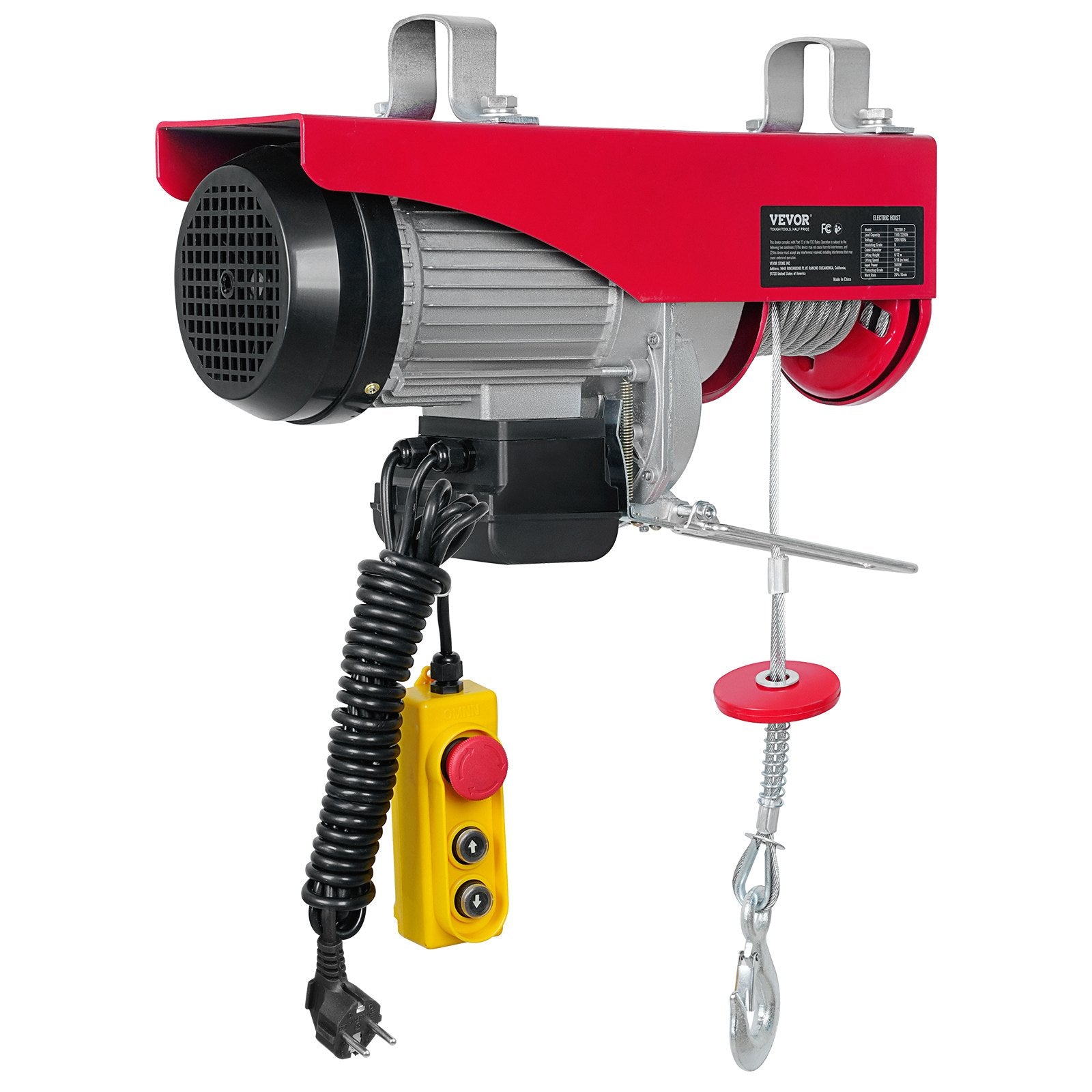 VEVOR electric hoist, 1000 kg lifting capacity, 1600 W, 220 V steel wire rope winch with 4.3 m remote control, 12 m lifting height (single rope), pure copper motor, for garage, warehouse, factory