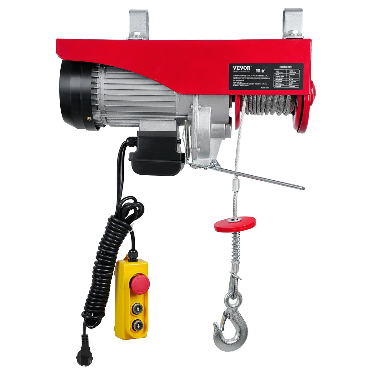 VEVOR electric hoist, 1000 kg lifting capacity, 1600 W, 220 V steel wire rope winch with 4.3 m remote control, 12 m lifting height (single rope), pure copper motor, for garage, warehouse, factory