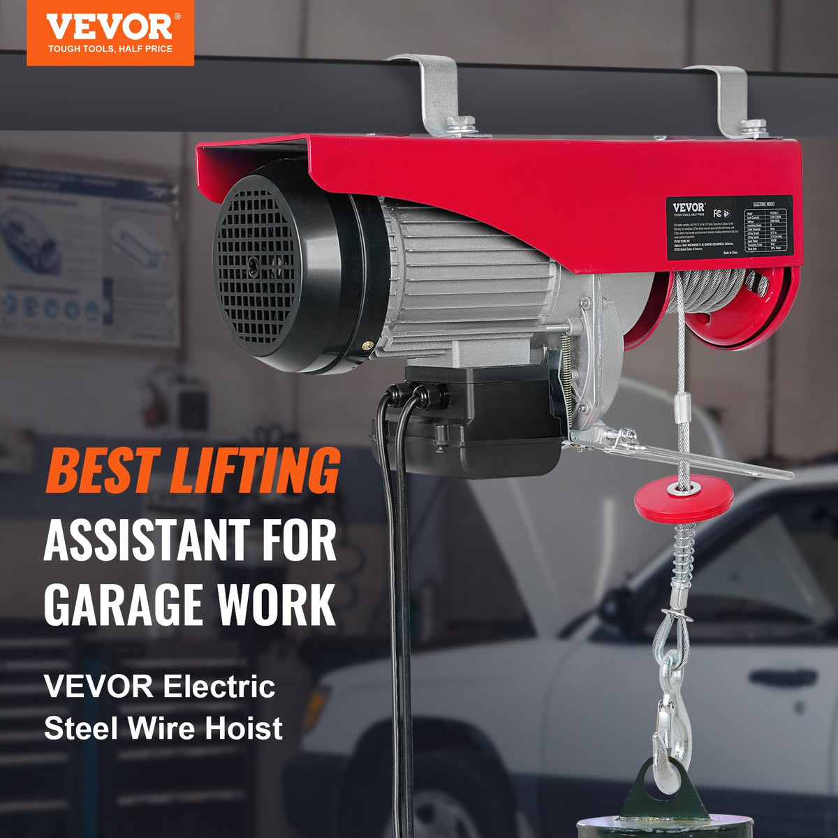 VEVOR electric hoist, 1000 kg lifting capacity, 1600 W, 220 V steel wire rope winch with 4.3 m remote control, 12 m lifting height (single rope), pure copper motor, for garage, warehouse, factory