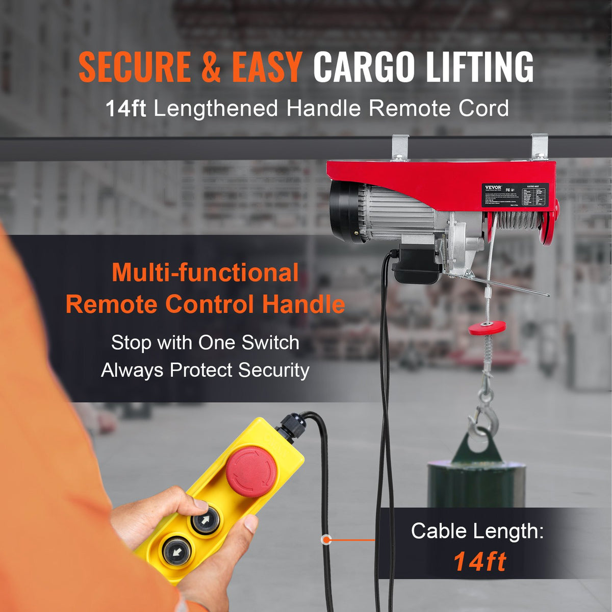 VEVOR electric hoist, 1000 kg lifting capacity, 1600 W, 220 V steel wire rope winch with 4.3 m remote control, 12 m lifting height (single rope), pure copper motor, for garage, warehouse, factory