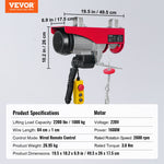 VEVOR electric hoist, 1000 kg lifting capacity, 1600 W, 220 V steel wire rope winch with 4.3 m remote control, 12 m lifting height (single rope), pure copper motor, for garage, warehouse, factory