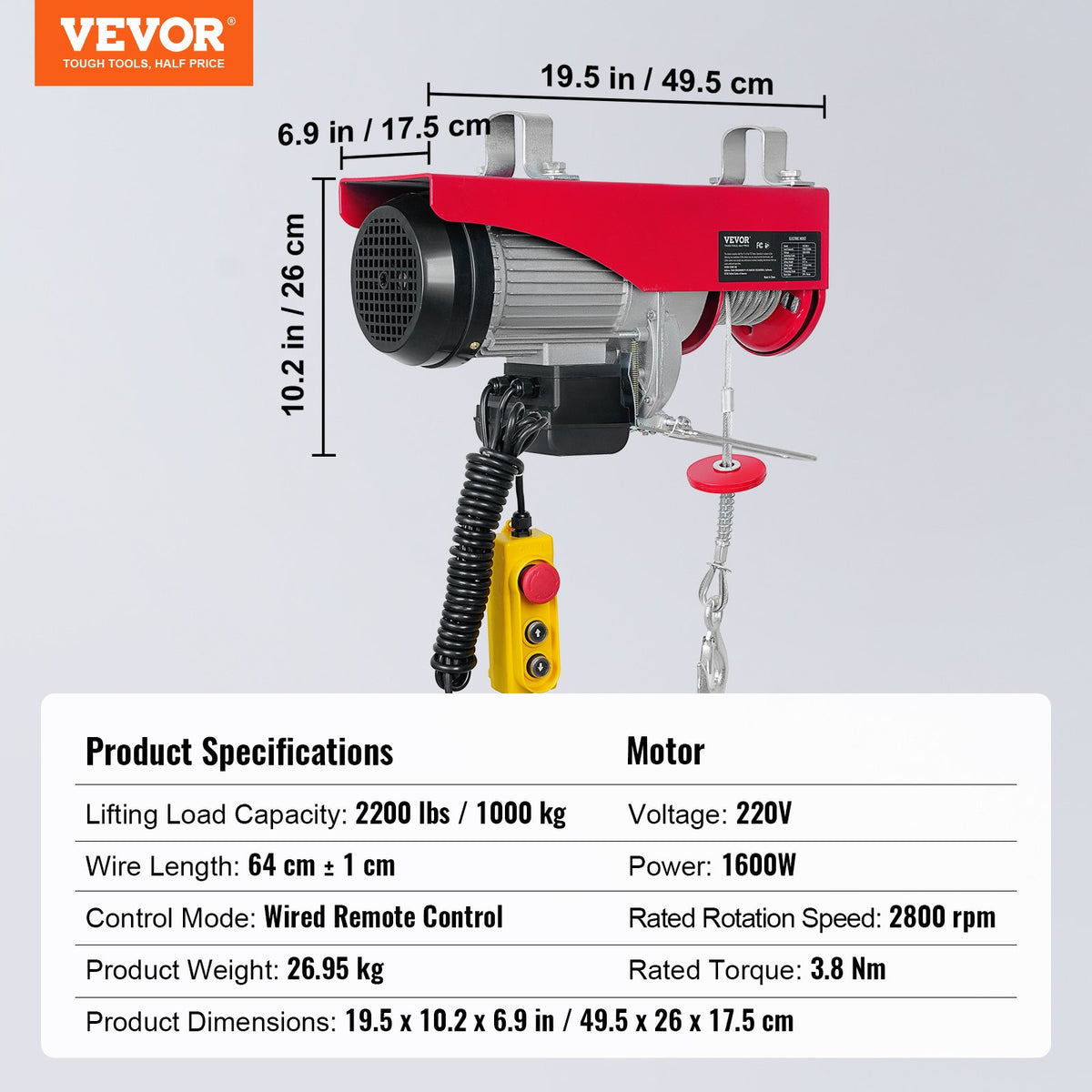 VEVOR electric hoist, 1000 kg lifting capacity, 1600 W, 220 V steel wire rope winch with 4.3 m remote control, 12 m lifting height (single rope), pure copper motor, for garage, warehouse, factory