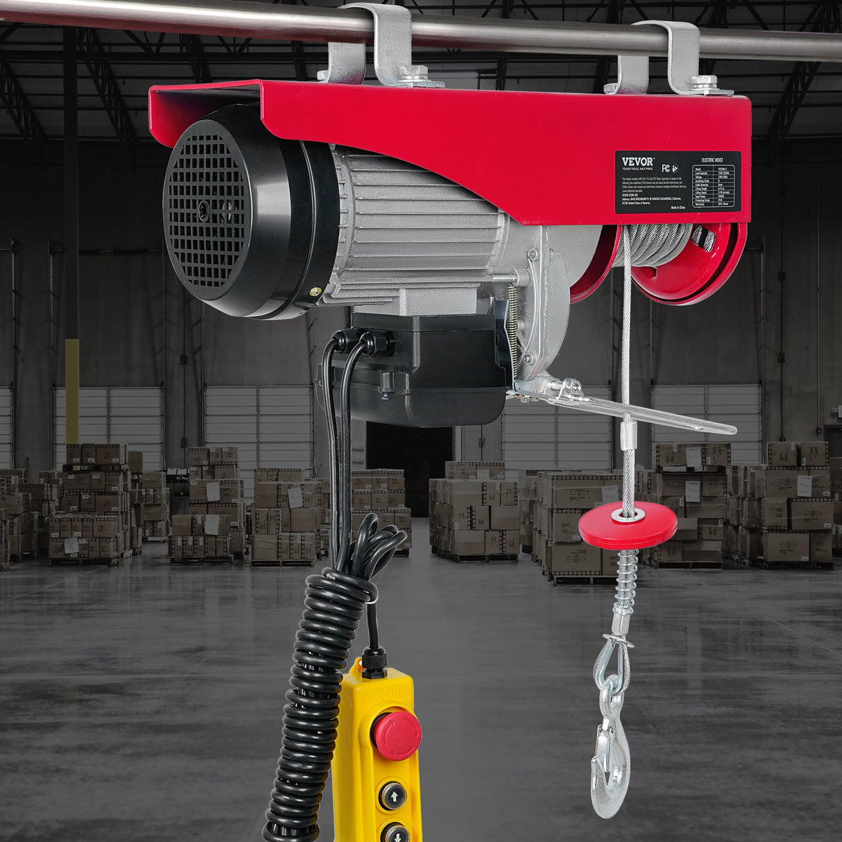 VEVOR electric hoist, 1000 kg lifting capacity, 1600 W, 220 V steel wire rope winch with 4.3 m remote control, 12 m lifting height (single rope), pure copper motor, for garage, warehouse, factory