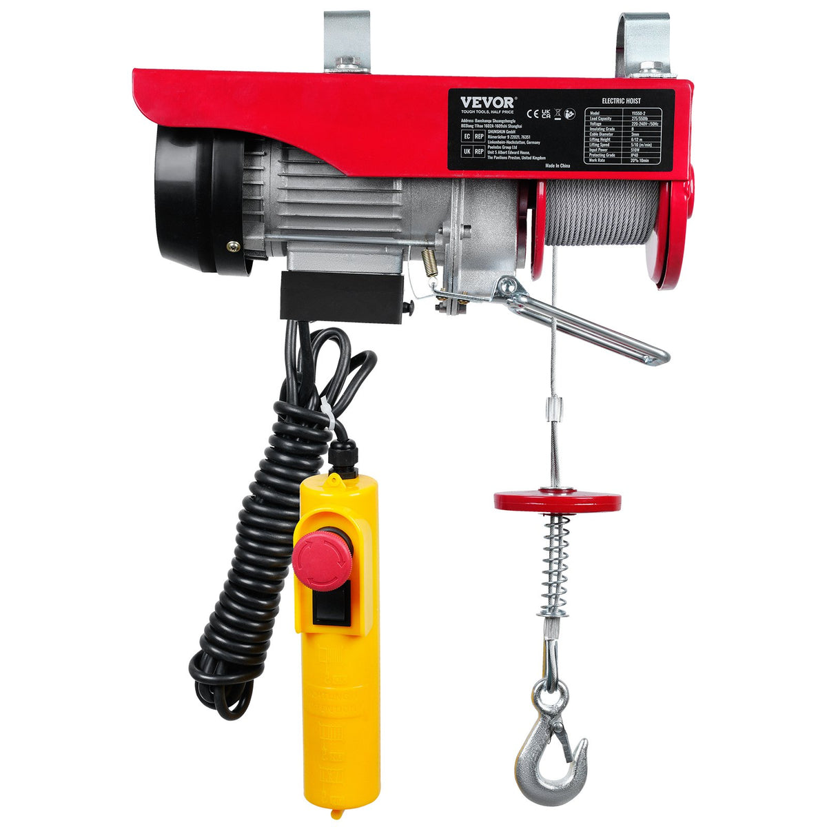 VEVOR electric hoist, 250 kg lifting capacity, 510W 220V steel wire winch, 12 m lifting height, pure copper motor, 4.2 m cable remote control, for garages and warehouses