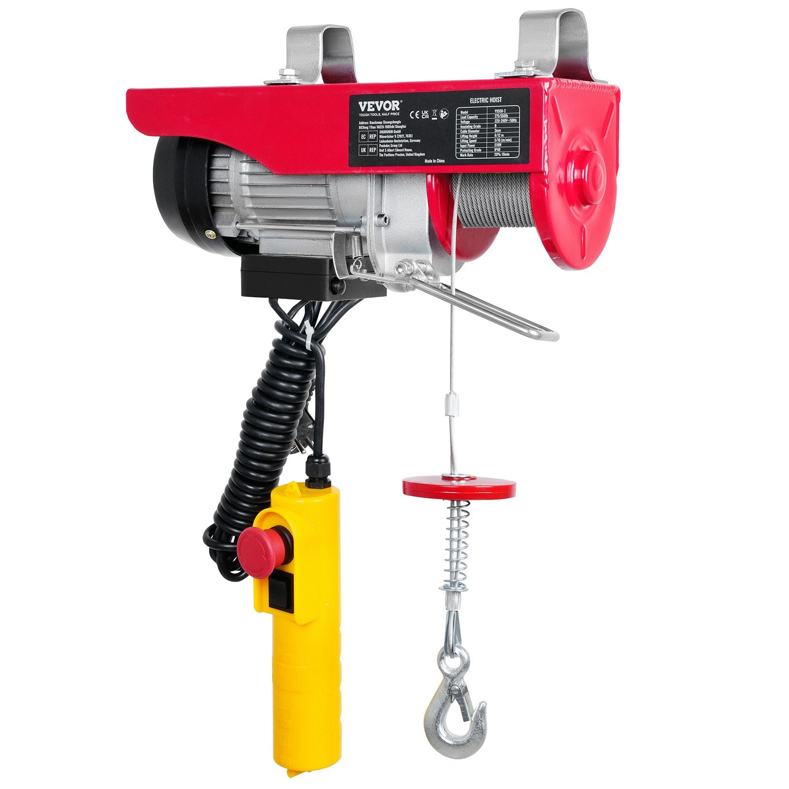 VEVOR electric hoist, 250 kg lifting capacity, 510W 220V steel wire winch, 12 m lifting height, pure copper motor, 4.2 m cable remote control, for garages and warehouses