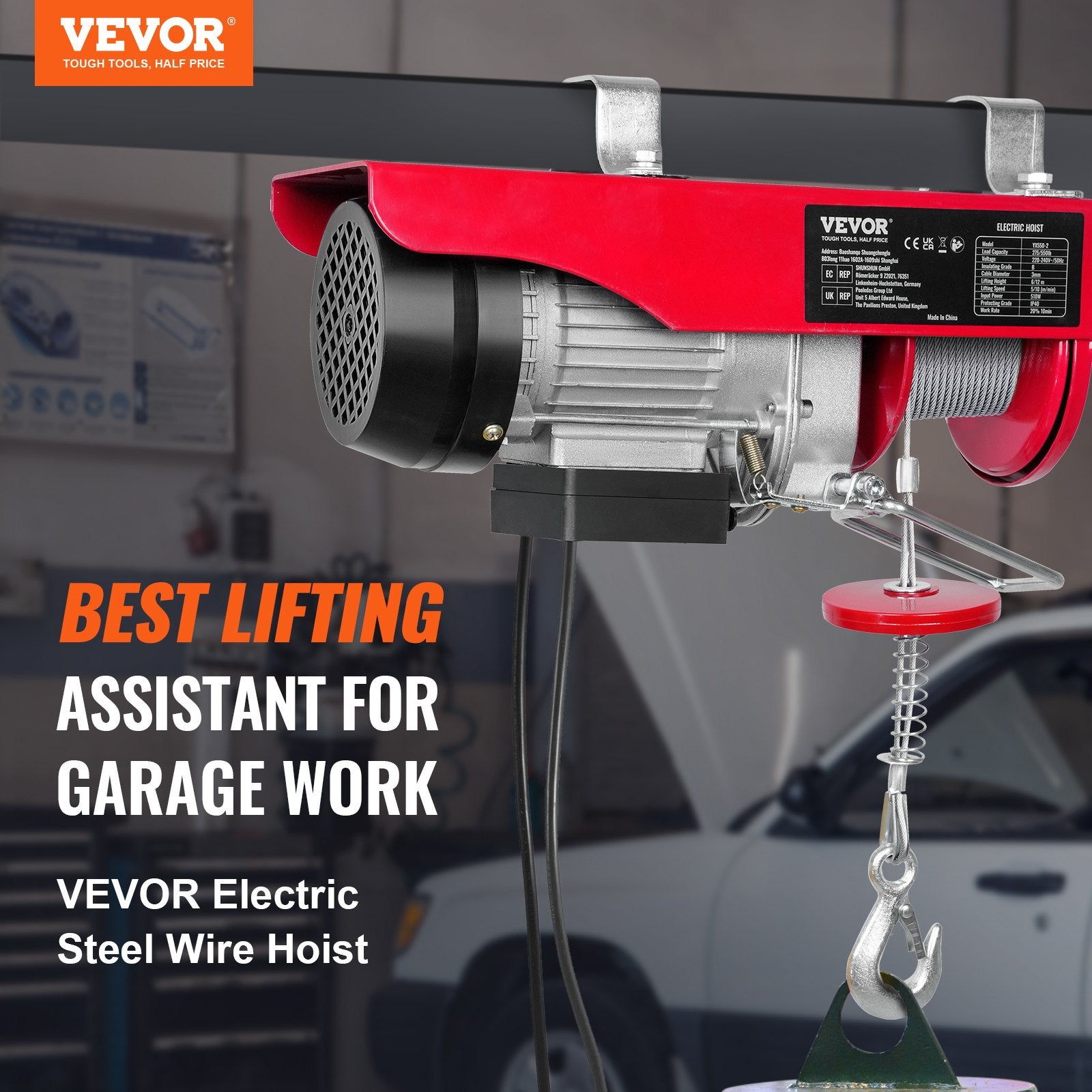 VEVOR electric hoist, 250 kg lifting capacity, 510W 220V steel wire winch, 12 m lifting height, pure copper motor, 4.2 m cable remote control, for garages and warehouses
