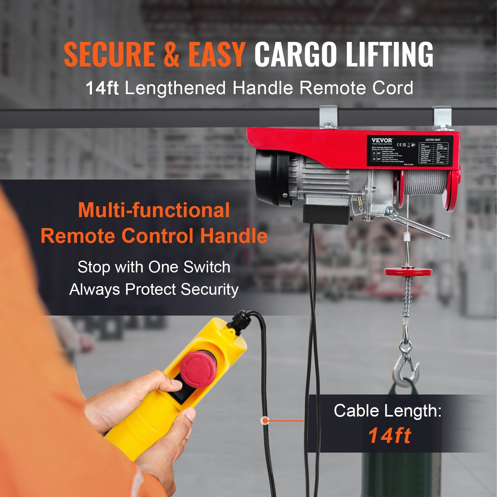 VEVOR electric hoist, 250 kg lifting capacity, 510W 220V steel wire winch, 12 m lifting height, pure copper motor, 4.2 m cable remote control, for garages and warehouses
