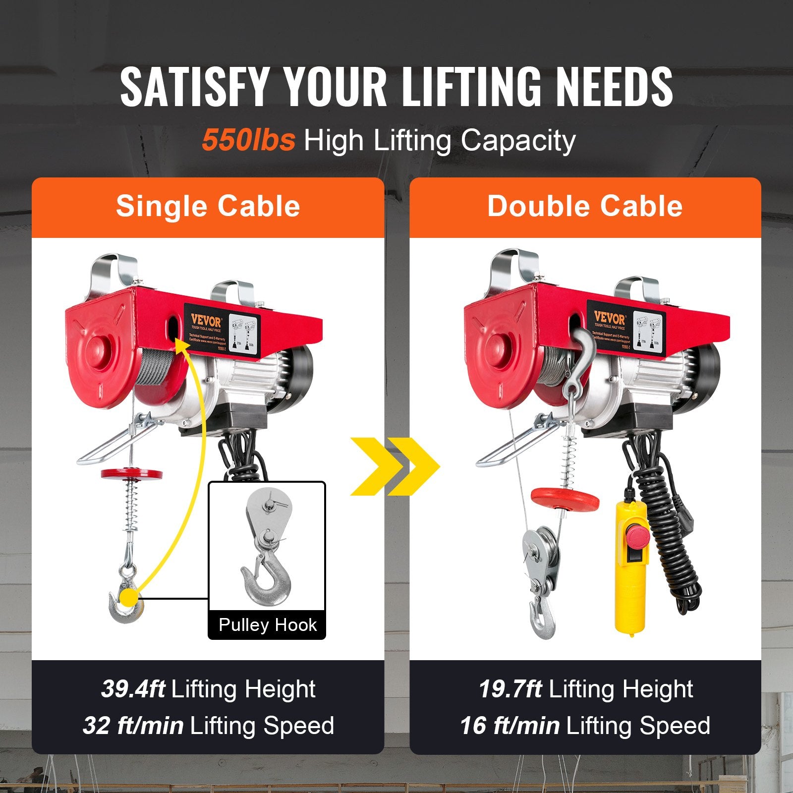 VEVOR electric hoist, 250 kg lifting capacity, 510W 220V steel wire winch, 12 m lifting height, pure copper motor, 4.2 m cable remote control, for garages and warehouses