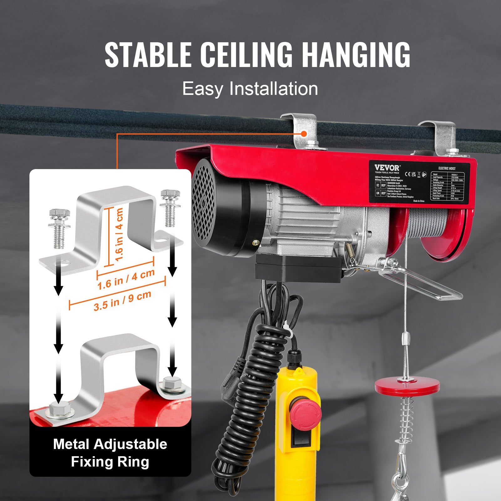 VEVOR electric hoist, 250 kg lifting capacity, 510W 220V steel wire winch, 12 m lifting height, pure copper motor, 4.2 m cable remote control, for garages and warehouses