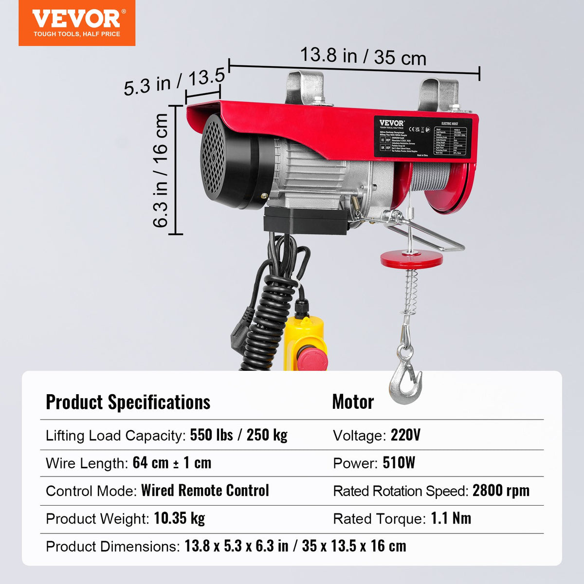 VEVOR electric hoist, 250 kg lifting capacity, 510W 220V steel wire winch, 12 m lifting height, pure copper motor, 4.2 m cable remote control, for garages and warehouses