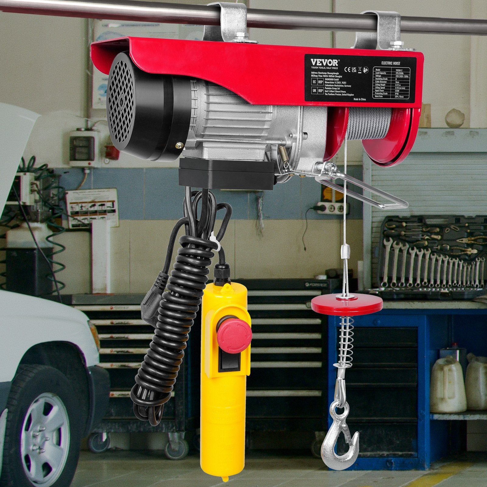 VEVOR electric hoist, 250 kg lifting capacity, 510W 220V steel wire winch, 12 m lifting height, pure copper motor, 4.2 m cable remote control, for garages and warehouses