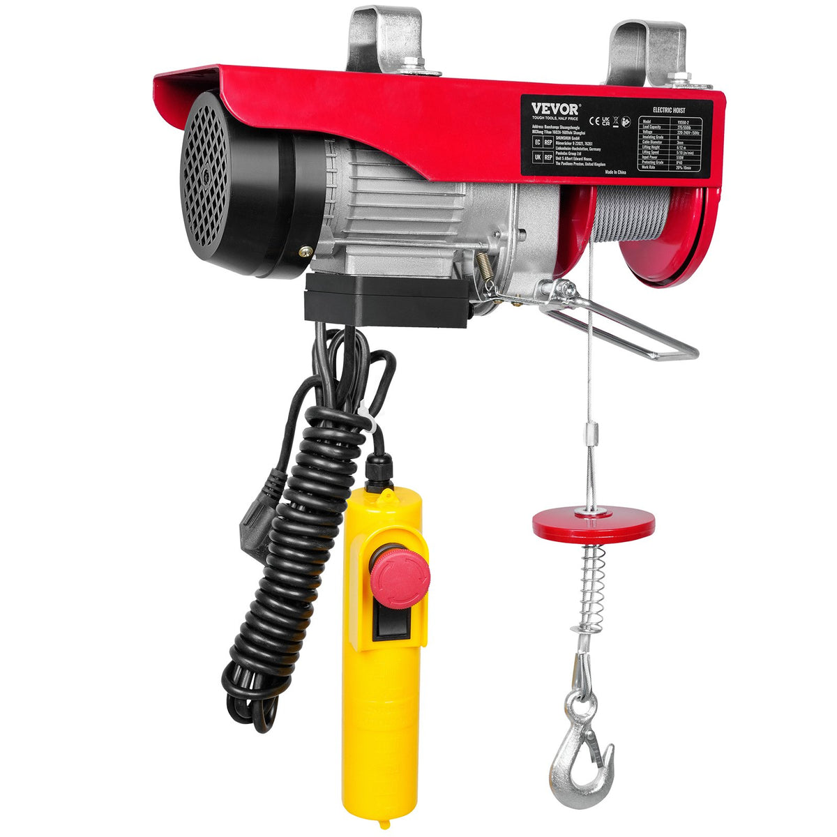 VEVOR electric hoist, 250 kg lifting capacity, 510W 220V steel wire winch, 12 m lifting height, pure copper motor, 4.2 m cable remote control, for garages and warehouses