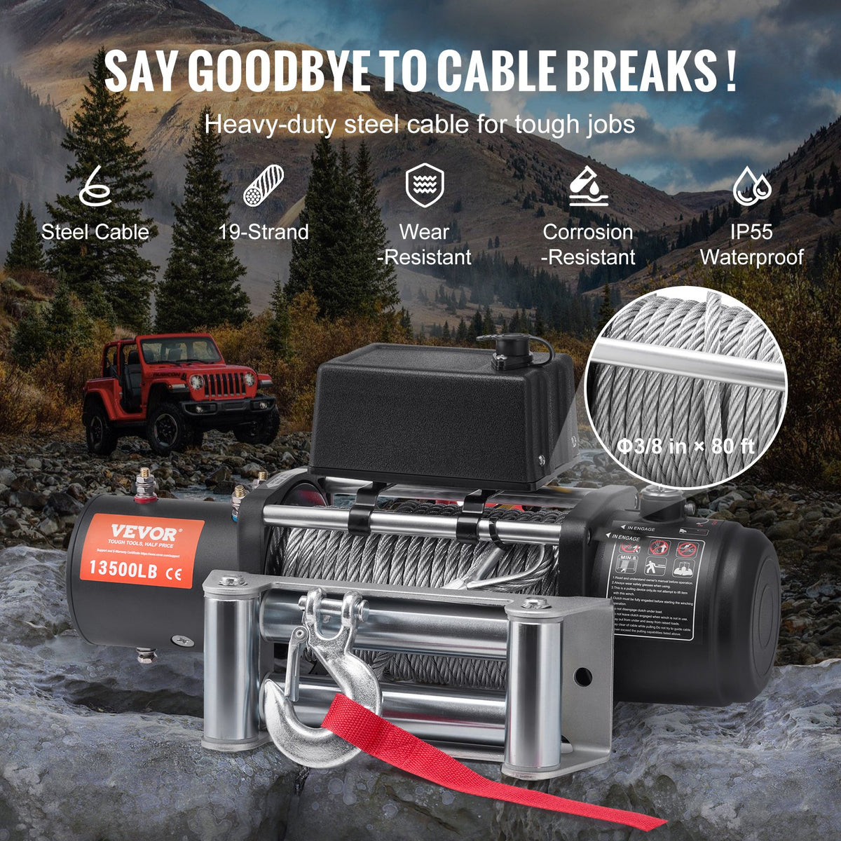 VEVOR electric truck winch - 6123 kg with steel cable, IP65 waterproof, remote control