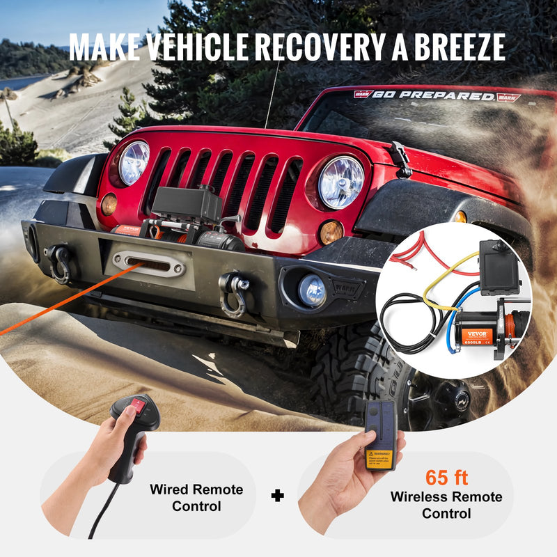 VEVOR elektriskā vinča kravas auto vajadzībām, 2722 kg vilkšanas jauda, ar sintētisko trosi, ūdensizturīga, ar tālvadības pulti