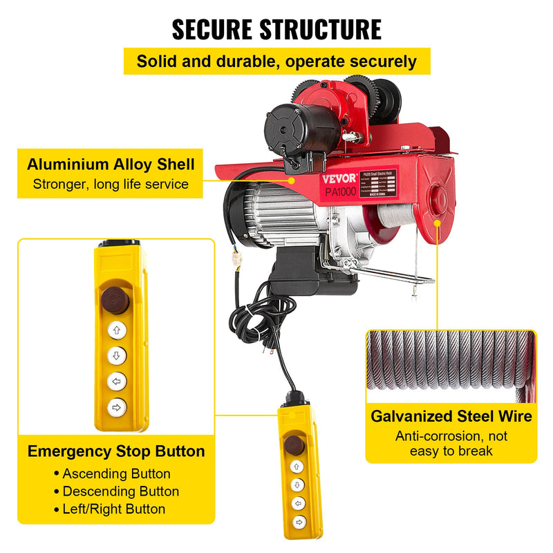 VEVOR elektriline trossitõstuk koos käru ja kaugjuhtimispuldiga, 1000 kg tõstevõime