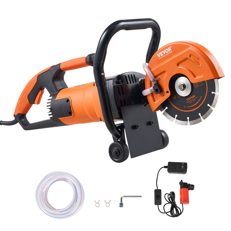 VEVOR elektriskais betona zāģis, 180 mm ripzāģis ar 2000 W jaudu, maksimālais griešanas dziļums 64 mm, piemērots mitrai un sausai griešanai, ar ūdens padeves līniju, sūkni un griezējdisku, paredzēts akmens un ķieģeļu griešanai