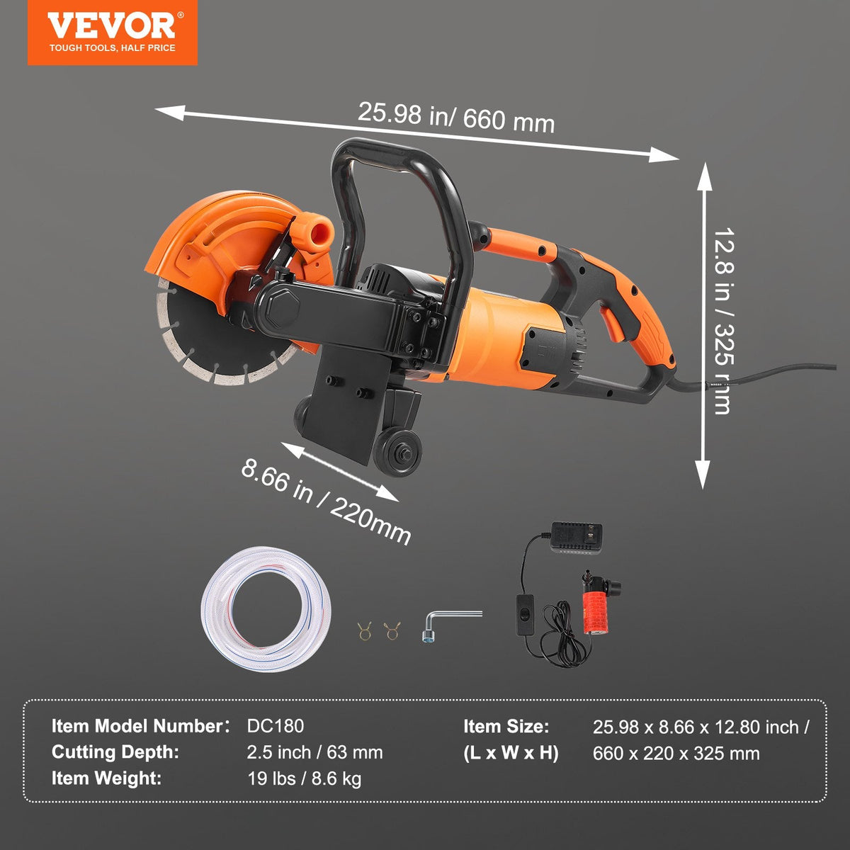 VEVOR elektriskais betona zāģis, 180 mm ripzāģis ar 2000 W jaudu, maksimālais griešanas dziļums 64 mm, piemērots mitrai un sausai griešanai, ar ūdens padeves līniju, sūkni un griezējdisku, paredzēts akmens un ķieģeļu griešanai
