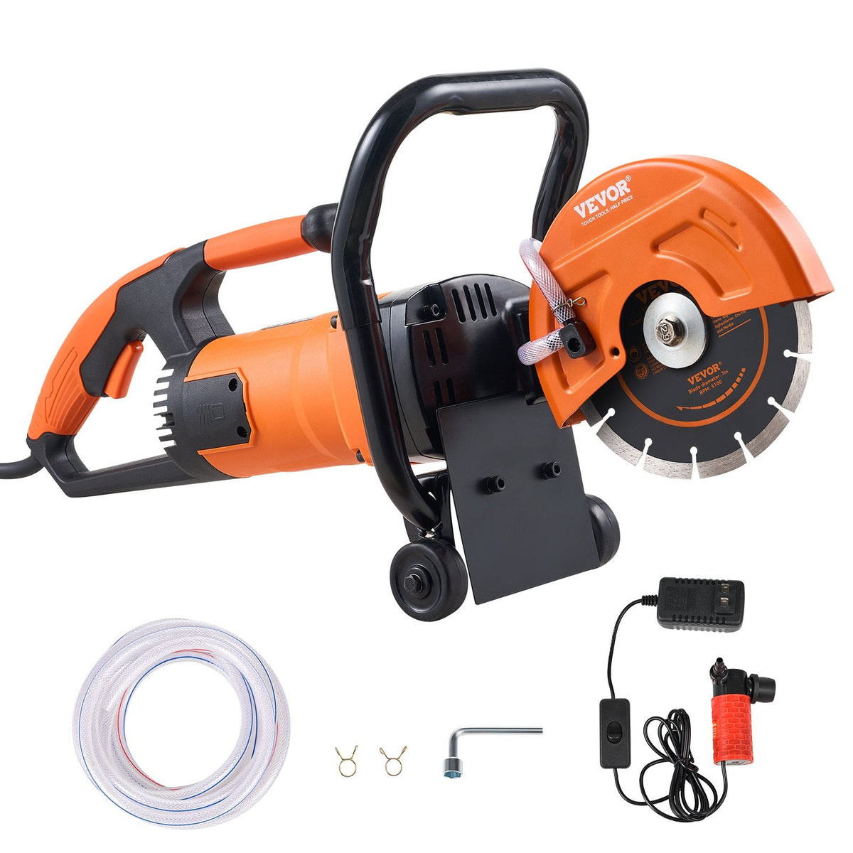 VEVOR elektriskais betona zāģis, 180 mm ripzāģis ar 2000 W jaudu, maksimālais griešanas dziļums 64 mm, piemērots mitrai un sausai griešanai, ar ūdens padeves līniju, sūkni un griezējdisku, paredzēts akmens un ķieģeļu griešanai
