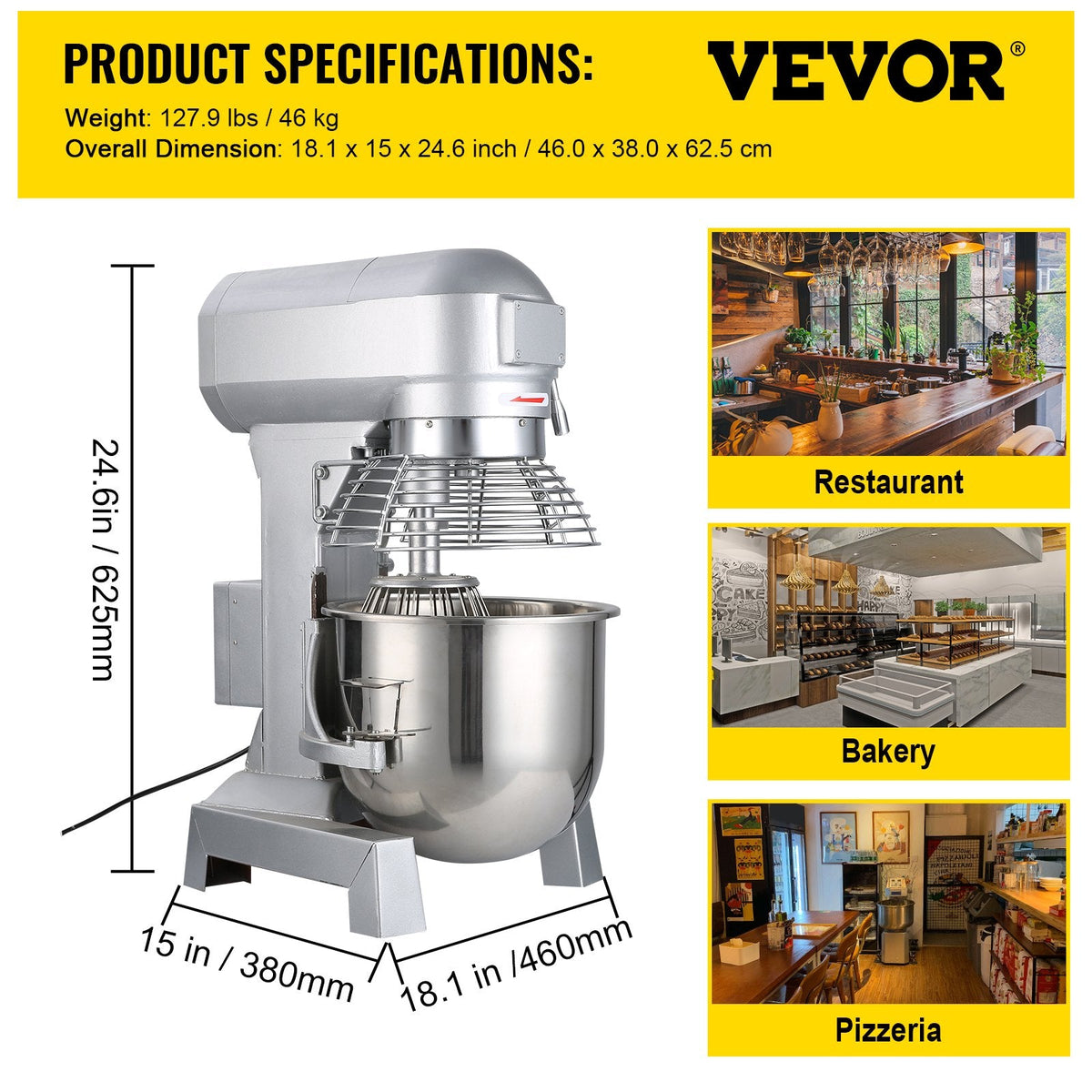 VEVOR komerciālais mikseris, 10L, 500W, regulējams, 220V, statīva mikseris mīklas gatavošanai