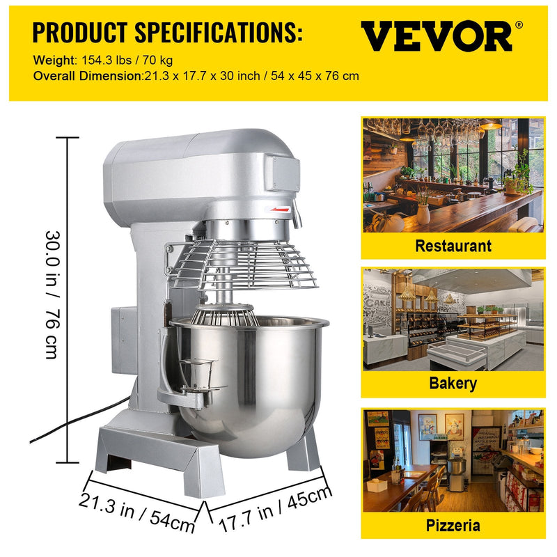 VEVOR Elektriskais Pārtikas Mikseris 30L, 1100W Komerciālais Mikseris Virtuvei, Regulējams, 220V