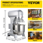 VEVOR Elektriskais Pārtikas Mikseris 30L, 1100W Komerciālais Mikseris Virtuvei, Regulējams, 220V