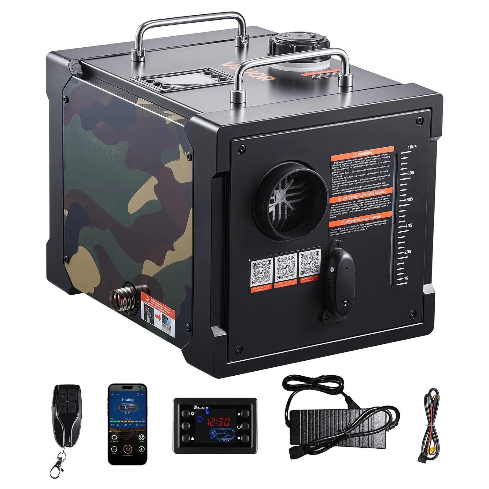 Dīzeļsildītājs 8 kW, 220V un 12V, pārnēsājams ar Bluetooth vadību, tālvadības pulti, LCD ekrānu un 7 l tvertni