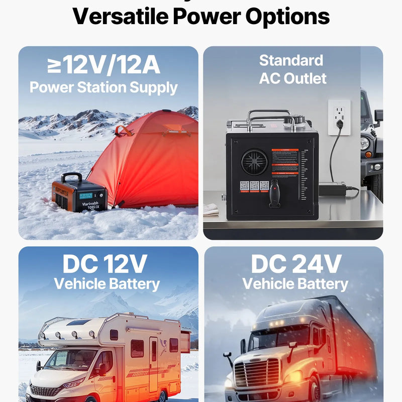 Dīzeļsildītājs 8 kW, 220V un 12V, pārnēsājams ar Bluetooth vadību, tālvadības pulti, LCD ekrānu un 7 l tvertni
