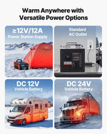 Dīzeļsildītājs 8 kW, 220V un 12V, pārnēsājams ar Bluetooth vadību, tālvadības pulti, LCD ekrānu un 7 l tvertni
