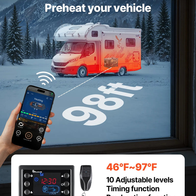 Dīzeļsildītājs 8 kW, 220V un 12V, pārnēsājams ar Bluetooth vadību, tālvadības pulti, LCD ekrānu un 7 l tvertni