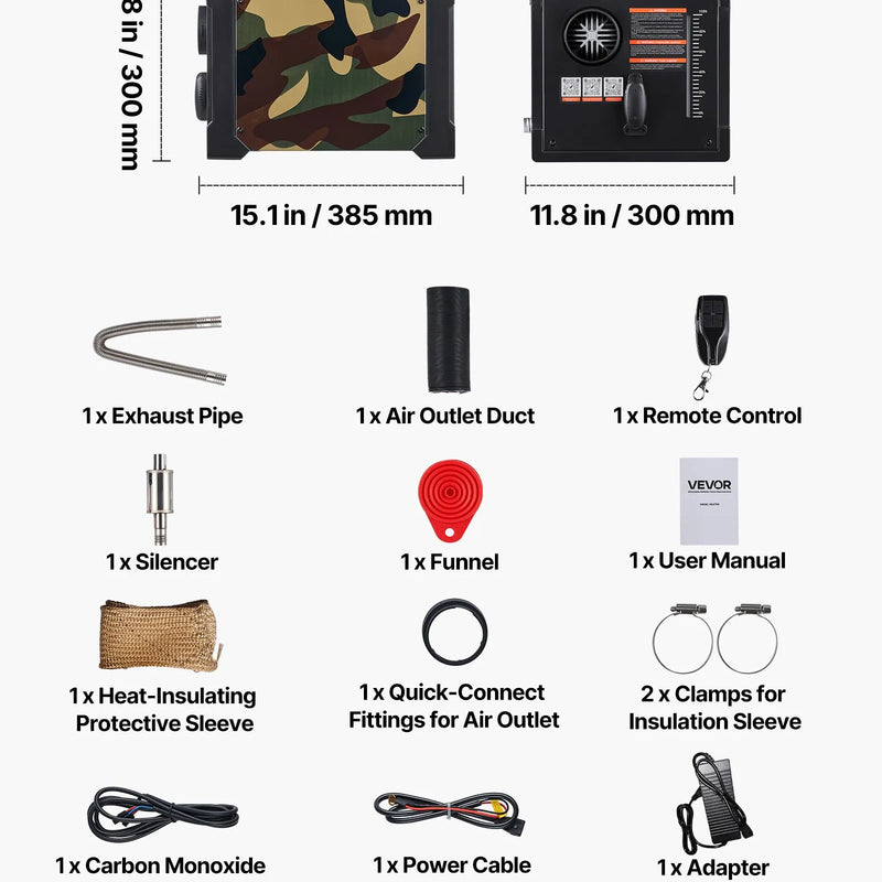 Dīzeļsildītājs 8 kW, 220V un 12V, pārnēsājams ar Bluetooth vadību, tālvadības pulti, LCD ekrānu un 7 l tvertni