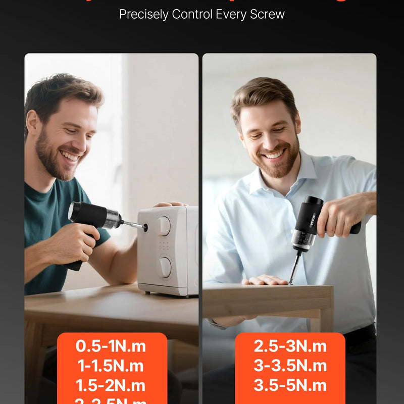 VEVOR elektriskais skrūvgriezis ar 7 griezes momenta iestatījumiem (0,5–5 N·m), 2500 mAh akumulatoru, 32 gab. 1/4 collu uzgaļu komplektu, digitālo displeju, LED apgaismojumu un Type-C uzlādi, piemērots mēbeļu un elektroiekārtu remontam