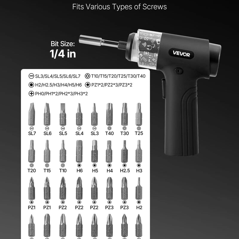 VEVOR elektriskais skrūvgriezis ar 7 griezes momenta iestatījumiem (0,5–5 N·m), 2500 mAh akumulatoru, 32 gab. 1/4 collu uzgaļu komplektu, digitālo displeju, LED apgaismojumu un Type-C uzlādi, piemērots mēbeļu un elektroiekārtu remontam