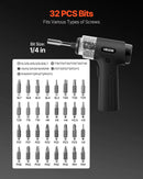 VEVOR elektriskais skrūvgriezis ar 7 griezes momenta iestatījumiem (0,5–5 N·m), 2500 mAh akumulatoru, 32 gab. 1/4 collu uzgaļu komplektu, digitālo displeju, LED apgaismojumu un Type-C uzlādi, piemērots mēbeļu un elektroiekārtu remontam