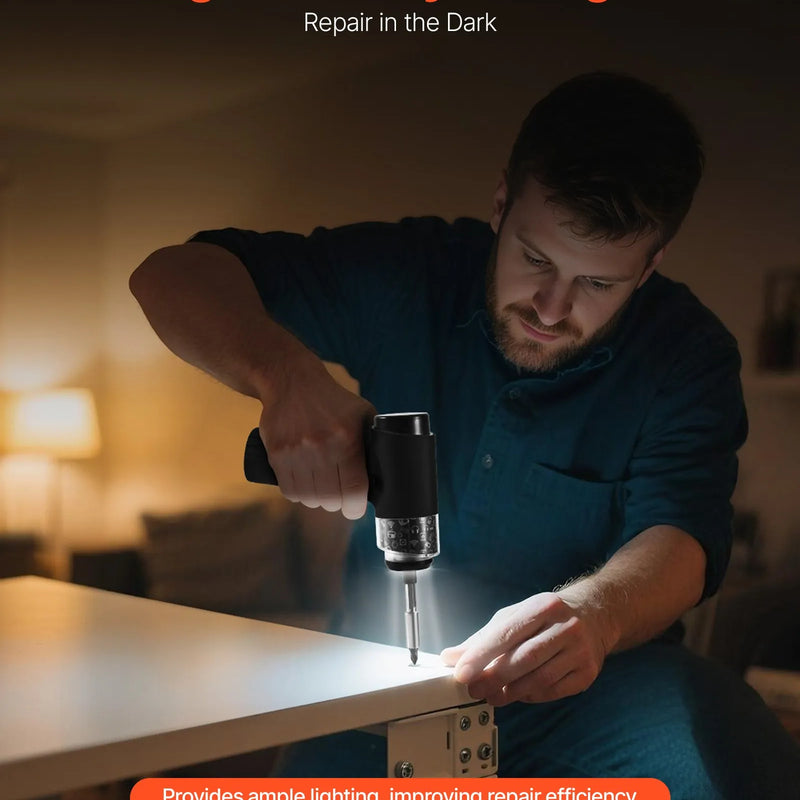 VEVOR elektriskais skrūvgriezis ar 7 griezes momenta iestatījumiem (0,5–5 N·m), 2500 mAh akumulatoru, 32 gab. 1/4 collu uzgaļu komplektu, digitālo displeju, LED apgaismojumu un Type-C uzlādi, piemērots mēbeļu un elektroiekārtu remontam