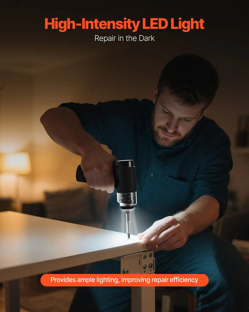 VEVOR elektriskais skrūvgriezis ar 7 griezes momenta iestatījumiem (0,5–5 N·m), 2500 mAh akumulatoru, 32 gab. 1/4 collu uzgaļu komplektu, digitālo displeju, LED apgaismojumu un Type-C uzlādi, piemērots mēbeļu un elektroiekārtu remontam