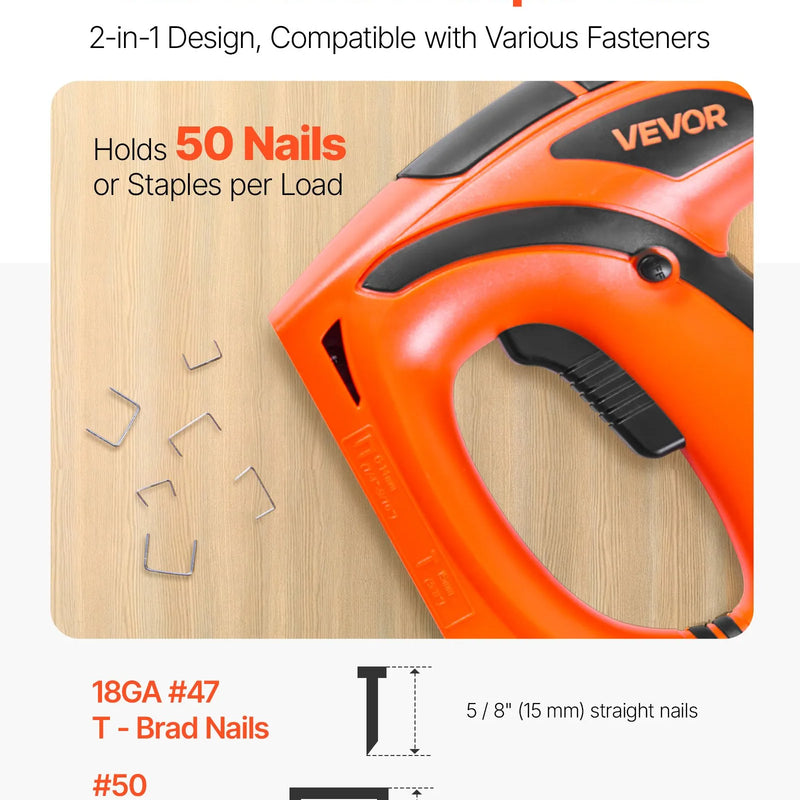VEVOR elektriskā naglu un skavu pistole 2 in 1, 18 G (1,2 mm) naglas līdz 15 mm, komplektā 1000 skavas un 1000 naglas, ar pretbuksēšanas gumijas rokturi, piemērota kokapstrādei un DIY projektiem
