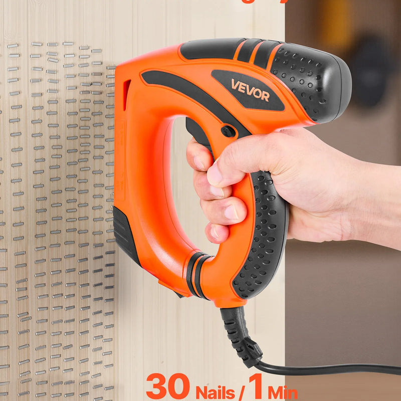 VEVOR elektriskā naglu un skavu pistole 2 in 1, 18 G (1,2 mm) naglas līdz 15 mm, komplektā 1000 skavas un 1000 naglas, ar pretbuksēšanas gumijas rokturi, piemērota kokapstrādei un DIY projektiem