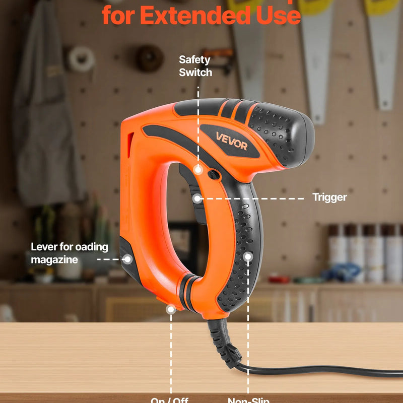 VEVOR elektriskā naglu un skavu pistole 2 in 1, 18 G (1,2 mm) naglas līdz 15 mm, komplektā 1000 skavas un 1000 naglas, ar pretbuksēšanas gumijas rokturi, piemērota kokapstrādei un DIY projektiem