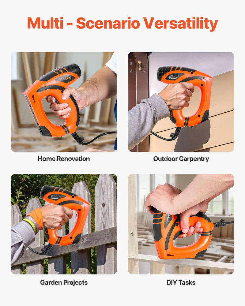 VEVOR elektriskā naglu un skavu pistole 2 in 1, 18 G (1,2 mm) naglas līdz 15 mm, komplektā 1000 skavas un 1000 naglas, ar pretbuksēšanas gumijas rokturi, piemērota kokapstrādei un DIY projektiem