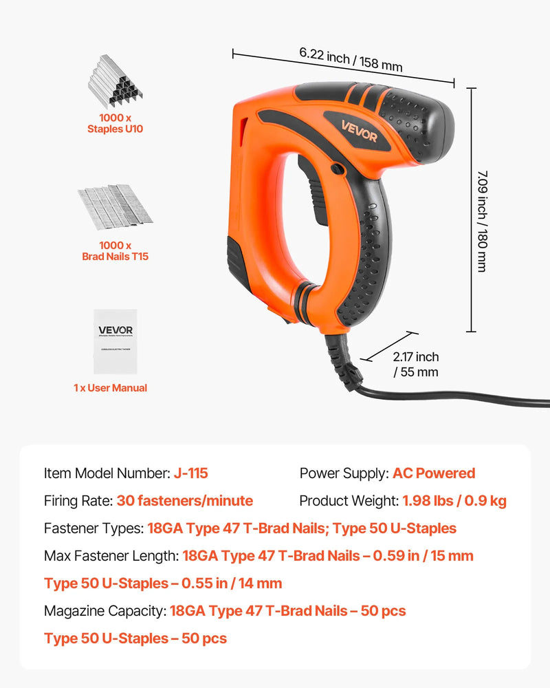 VEVOR elektriskā naglu un skavu pistole 2 in 1, 18 G (1,2 mm) naglas līdz 15 mm, komplektā 1000 skavas un 1000 naglas, ar pretbuksēšanas gumijas rokturi, piemērota kokapstrādei un DIY projektiem